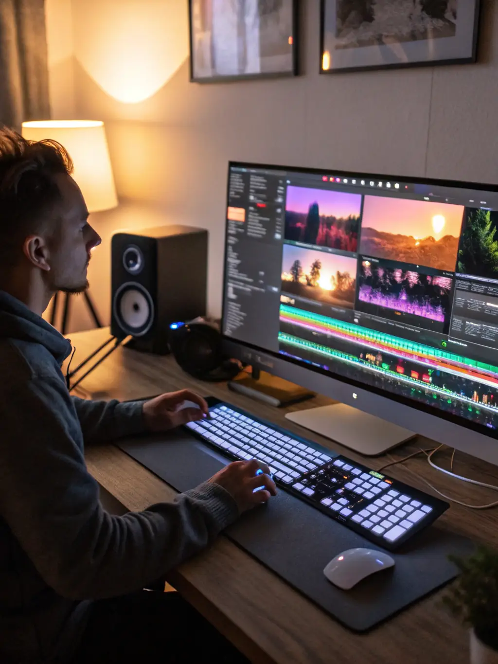 A close-up shot of a video editor meticulously working on a timeline in professional editing software, showcasing precision and attention to detail in video editing.