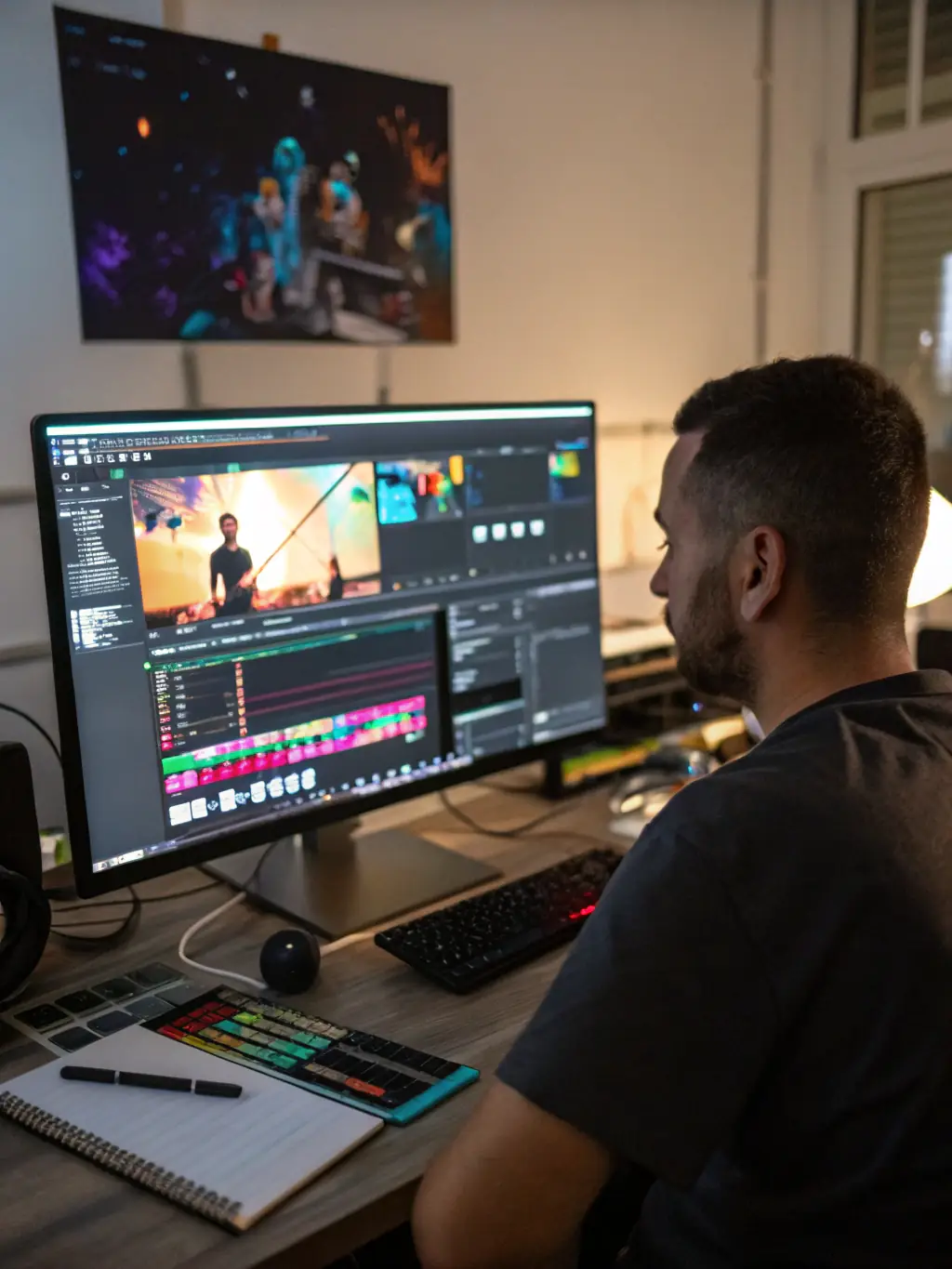 A motion graphics artist creating dynamic animations on a computer, showcasing the creation of engaging visual elements for video content.