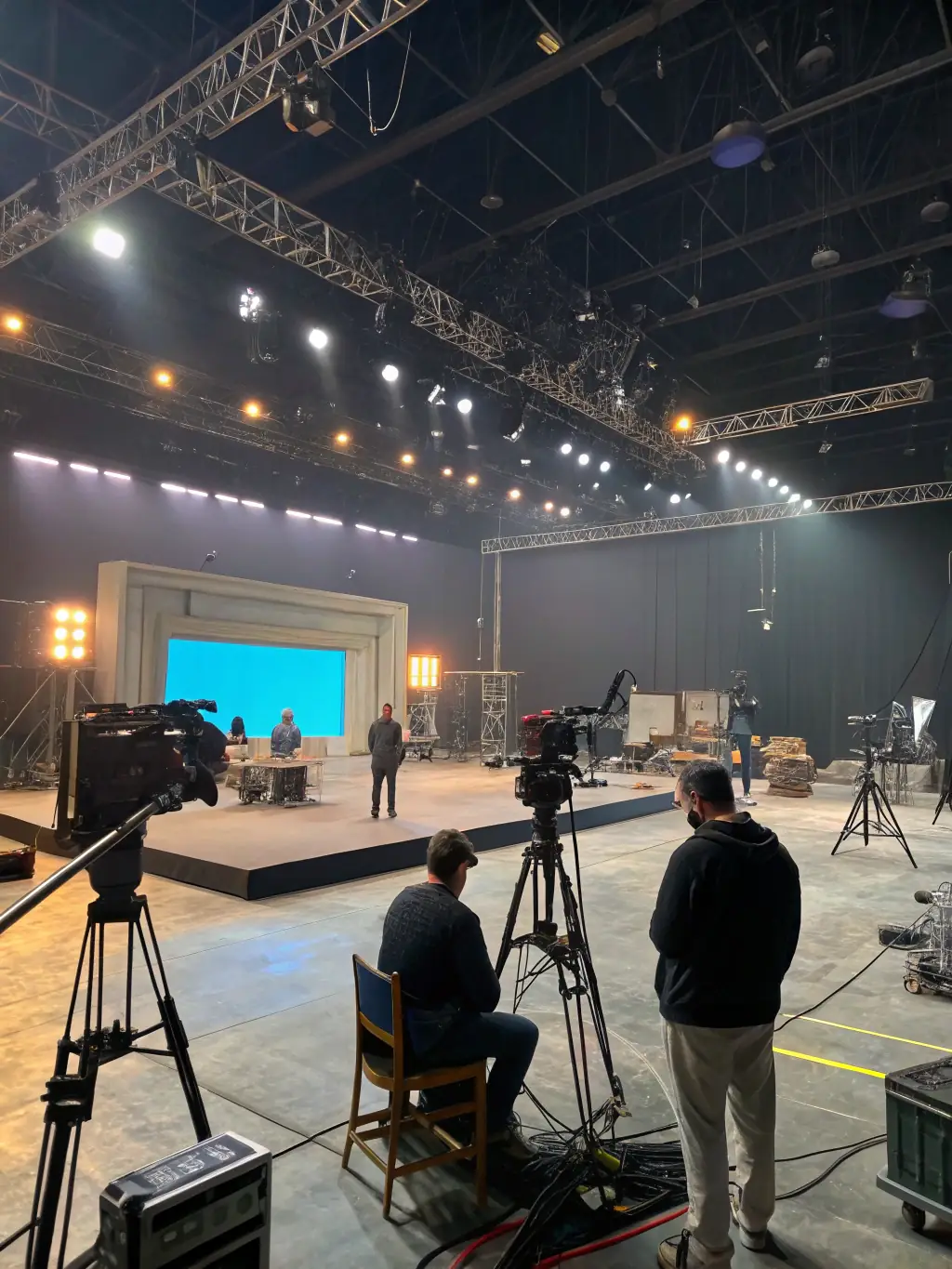 A professional film crew setting up lighting equipment for a commercial video shoot in a modern studio, showcasing the meticulous preparation involved in commercial video production.