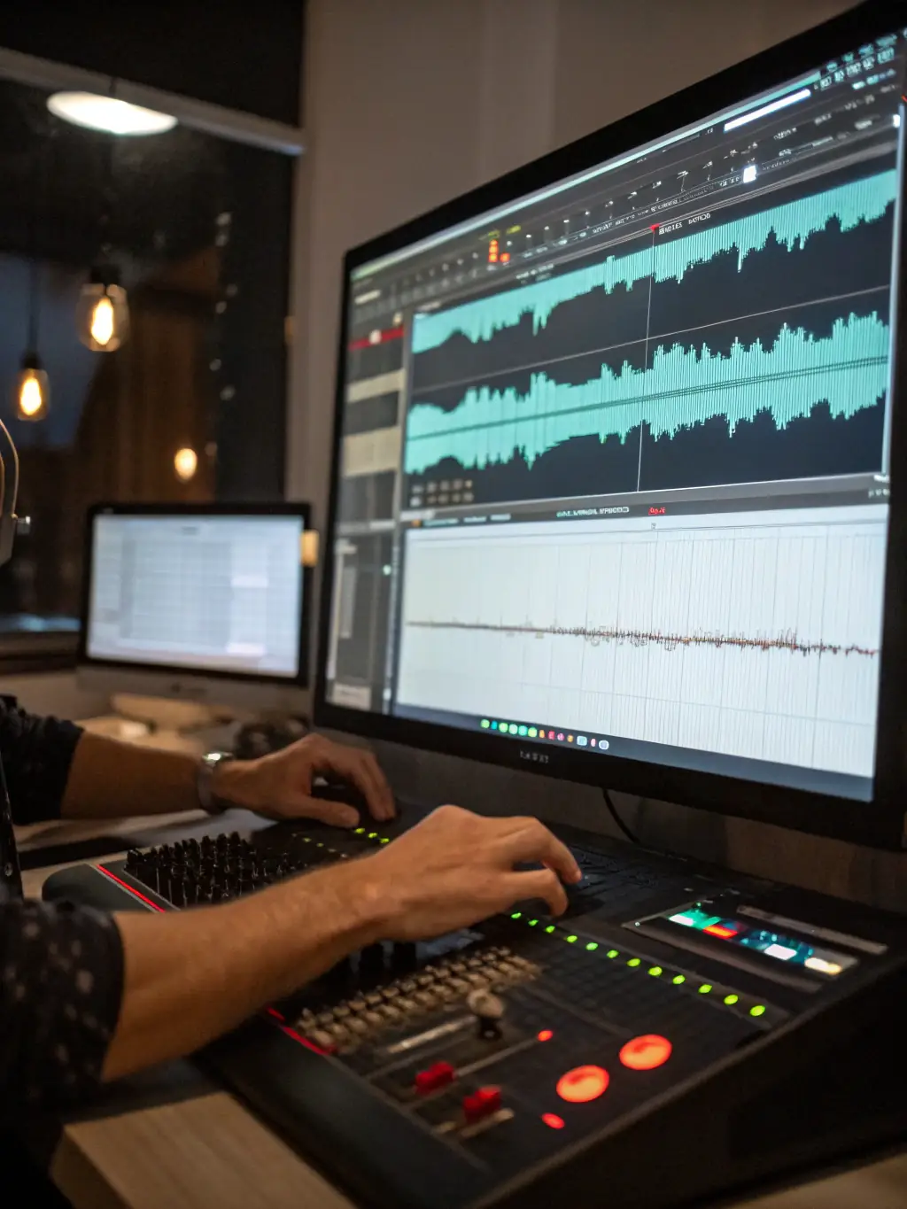 A sound designer working with audio mixing software, layering sound effects and music to create an immersive and engaging auditory experience.