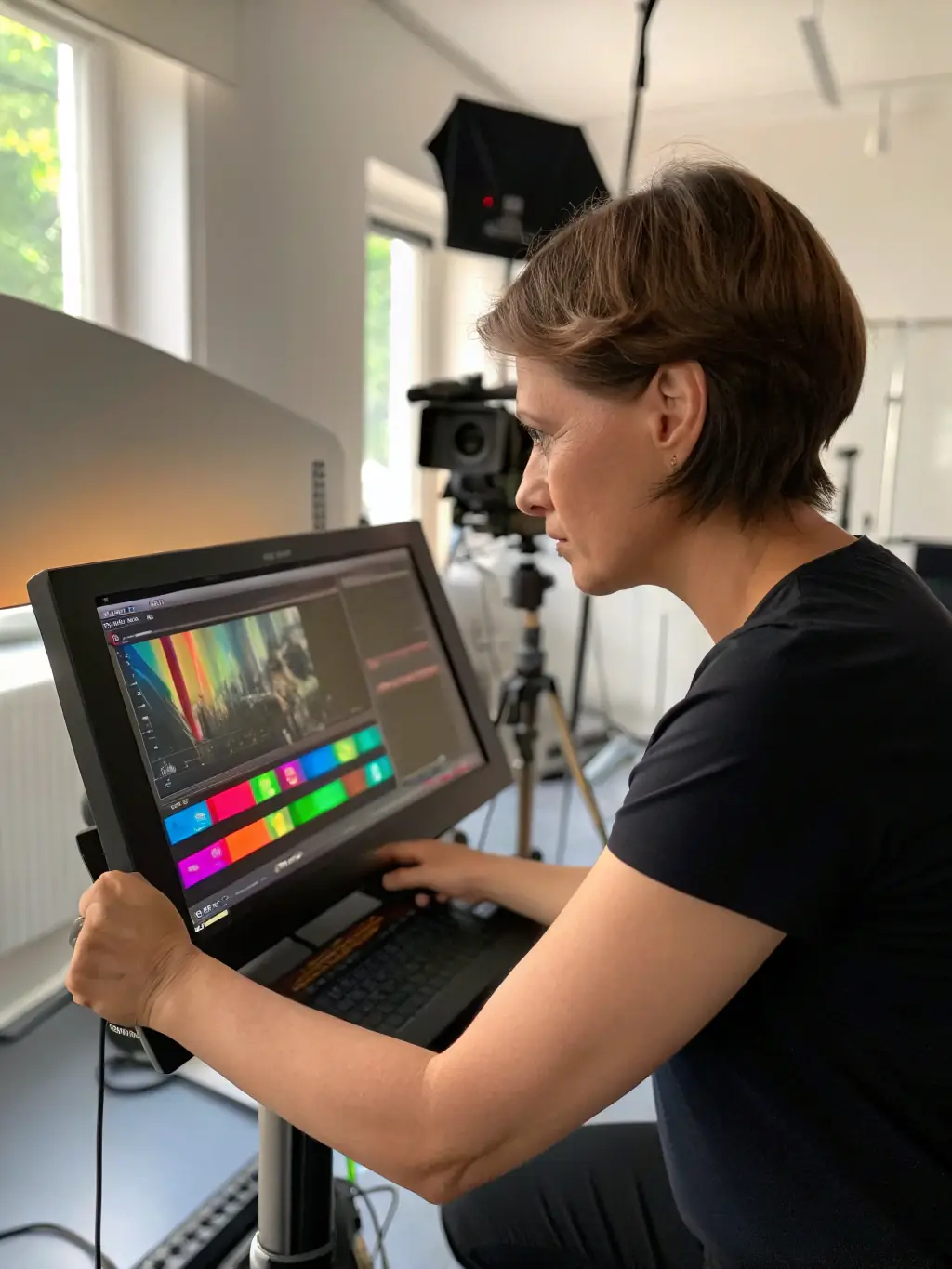 A colorist carefully adjusting the color palette of a film scene on a high-resolution monitor, creating a specific mood and aesthetic.