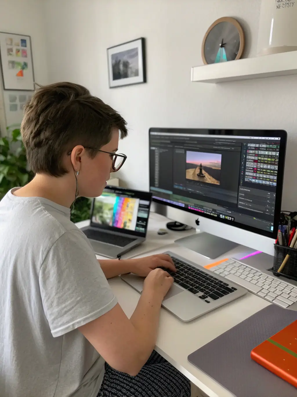 A skilled video editor meticulously working on a timeline in a professional editing suite, enhancing a commercial video project.