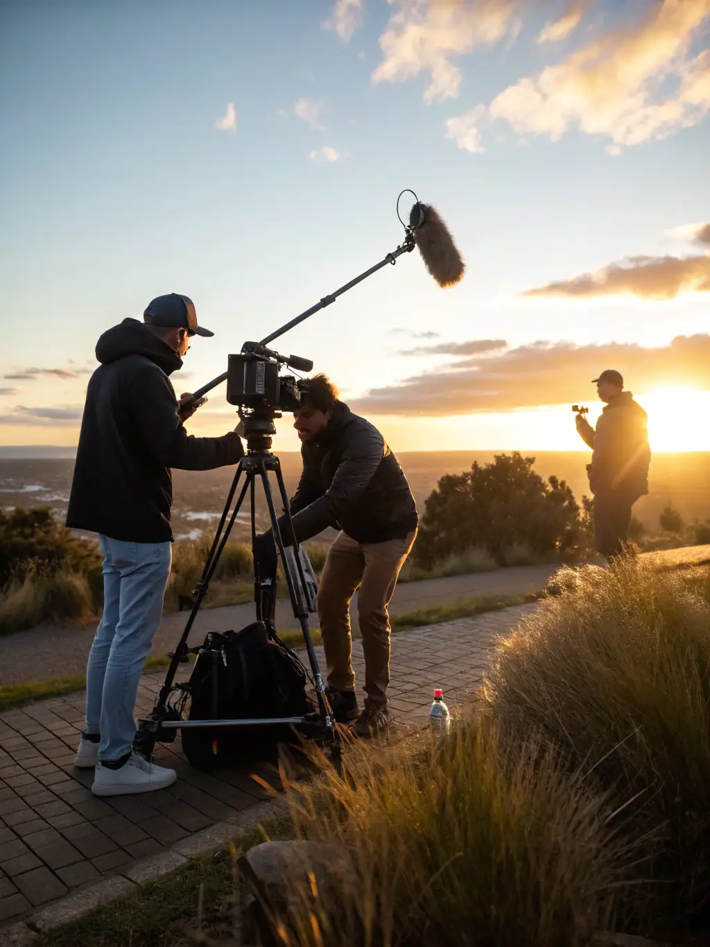 A behind-the-scenes shot of a JOHANNESES PRODS LTD crew filming a corporate interview on location, highlighting the professional equipment and setup.