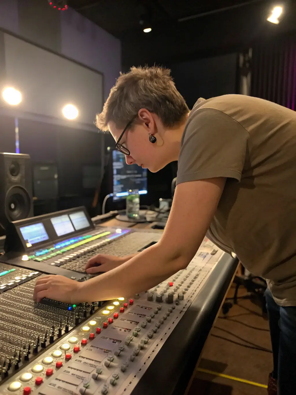 A sound designer working with audio mixing software, adding layers of sound effects and music to create an immersive audio experience.