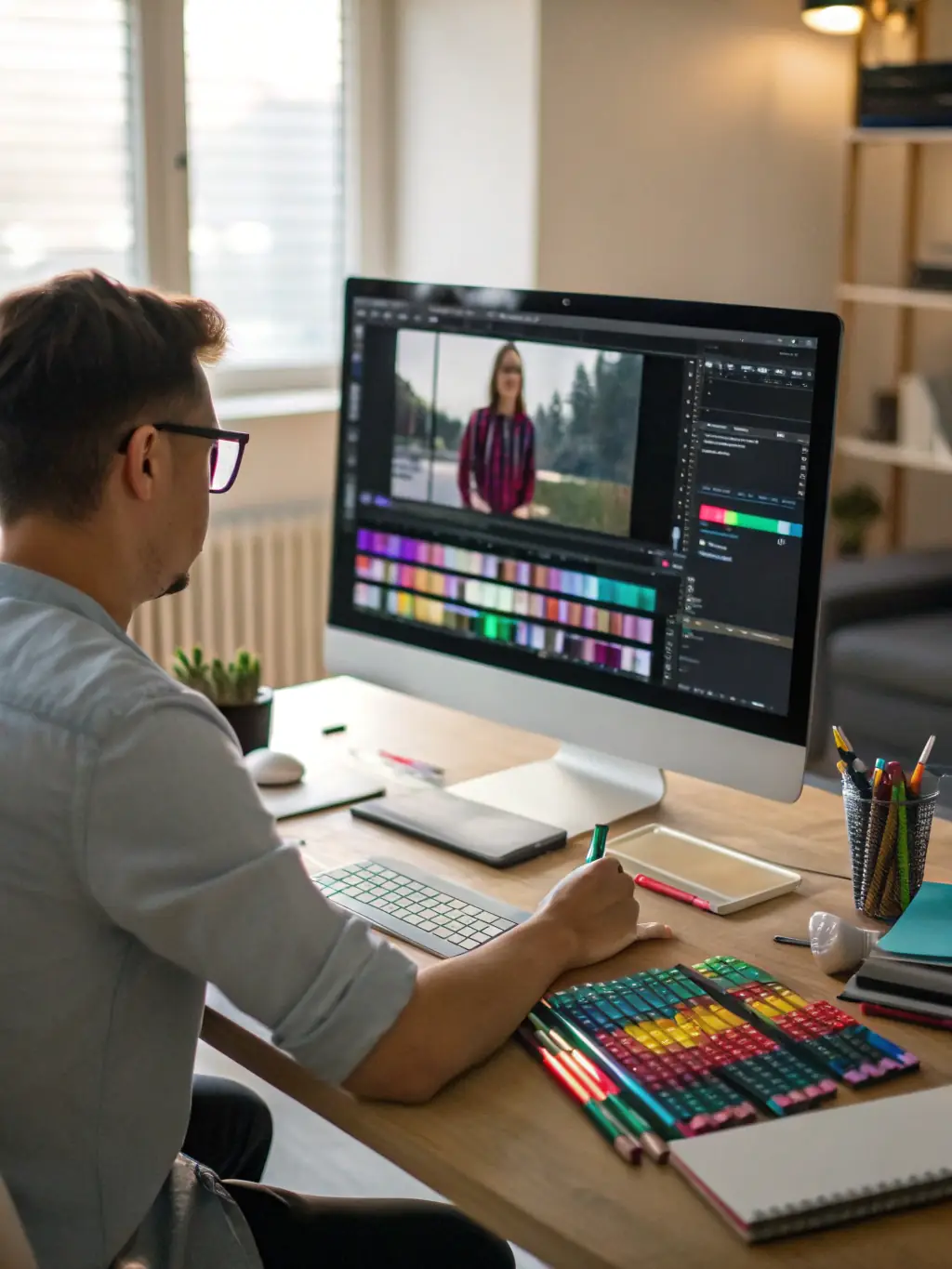 A colorist adjusting color grades on a high-resolution monitor, demonstrating the subtle yet impactful changes that enhance the visual mood and aesthetic of a film.
